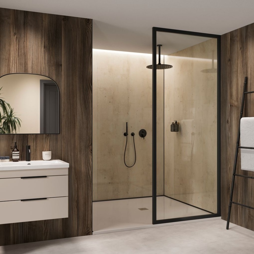 Lifestyle image of the Showerwall Laminate Mocha Pine 2440mm x 579mm Proclick Hydrocore Wall Panel - SW95 on two section of wall, surround a semi-recessed walk in shower